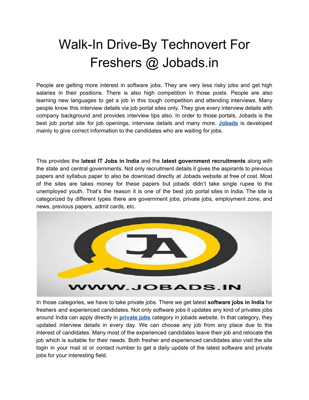 walk in drive by technovert for freshers @ jobads