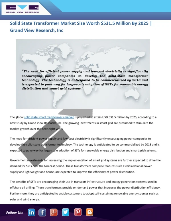 Solid State (Smart) Transformers Market Poised To Cross $531.5 Million By 2025