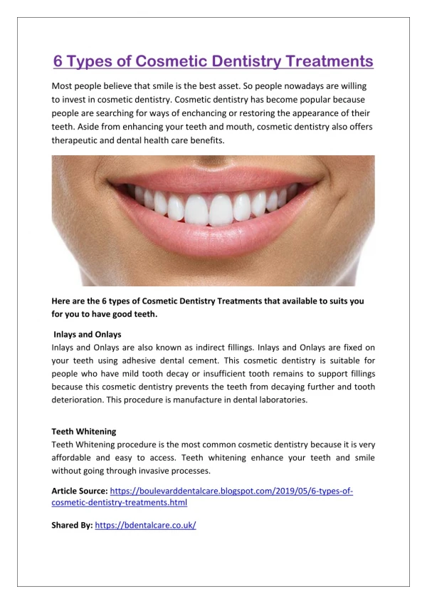 6 Types of Cosmetic Dentistry Treatments