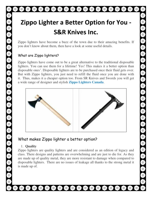 Zippo Lighter A Better Option For You - S&R Knives Inc
