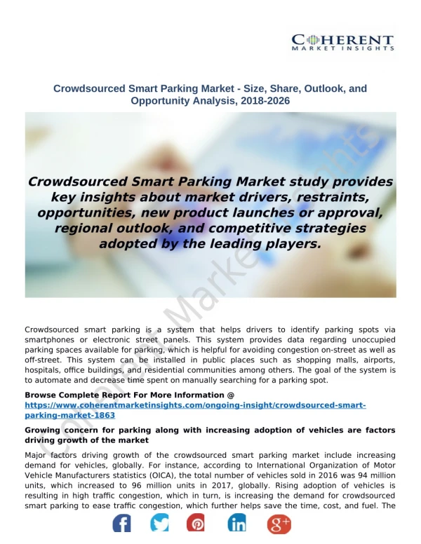 Crowdsourced Smart Parking Market - Size, Share, Outlook, and Opportunity Analysis, 2018-2026