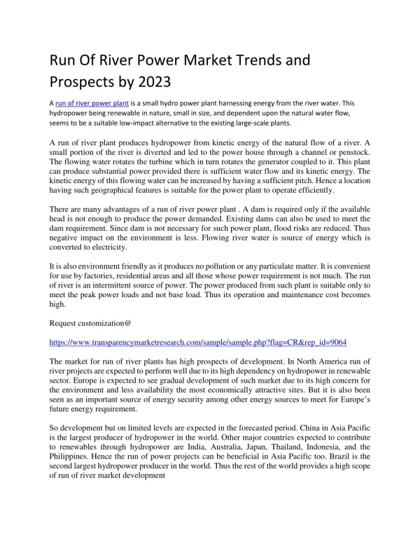 Run Of River Power Market Trends and Prospects by 2023