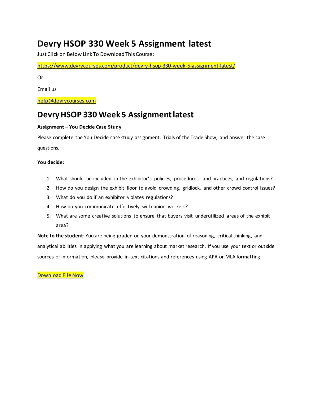 devry hsop 330 week 5 assignment latest just