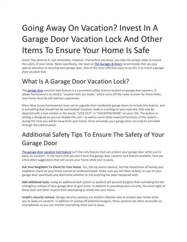 Going Away On Vacation? Invest In A Garage Door Vacation Lock And Other Items To Ensure Your Home Is Safe