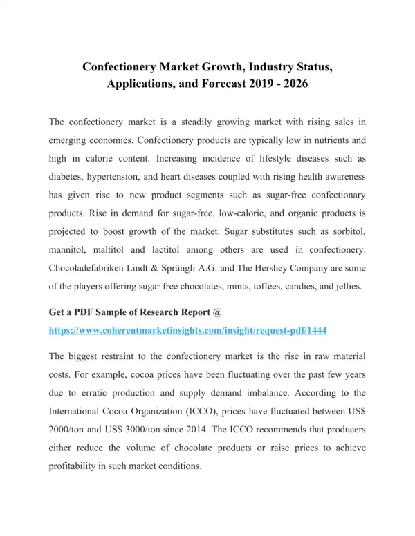 Confectionery Market Growth, Industry Status, Applications, and Forecast 2019 - 2026