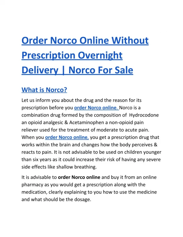 Order Norco Online Without Prescription Overnight Delivery | Norco For Sale