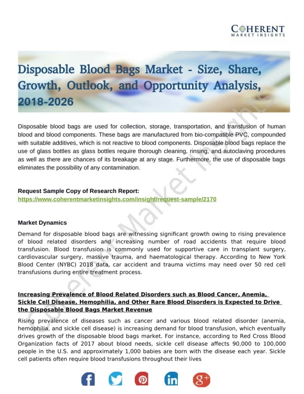 Disposable Blood Bags Market - New Business Opportunities and Investment Research Report