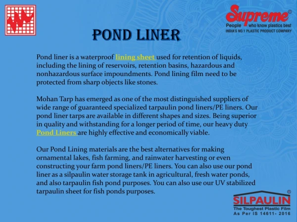 Pond Liner & its application