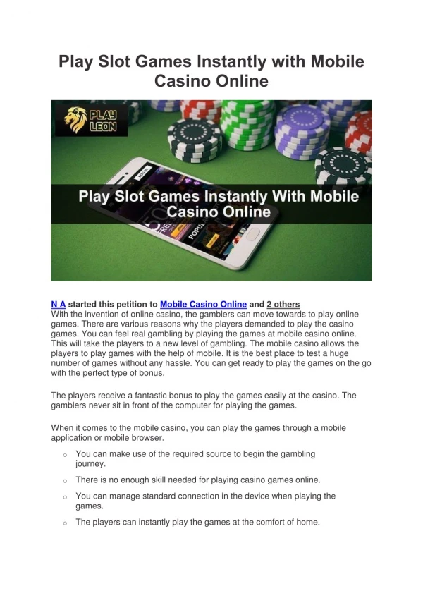 Play Slot Games Instantly with Mobile Casino Online