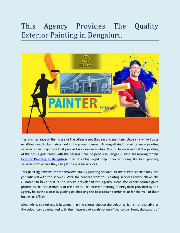 This Agency Provides The Quality Exterior Painting in Bengaluru