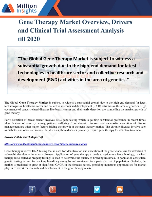 Gene Therapy Market Overview, Drivers and Clinical Trial Assessment Analysis till 2020