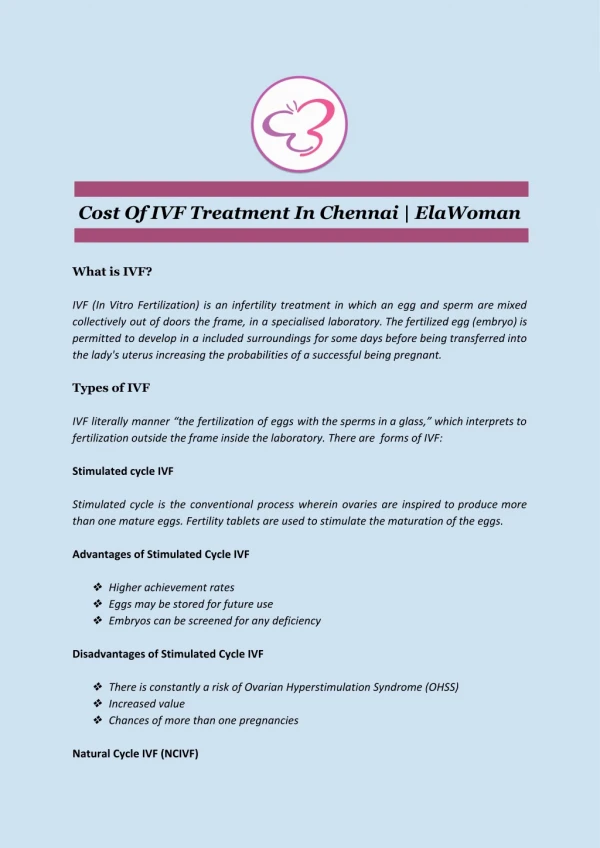 Cost Of IVF Treatment In Chennai | ElaWoman