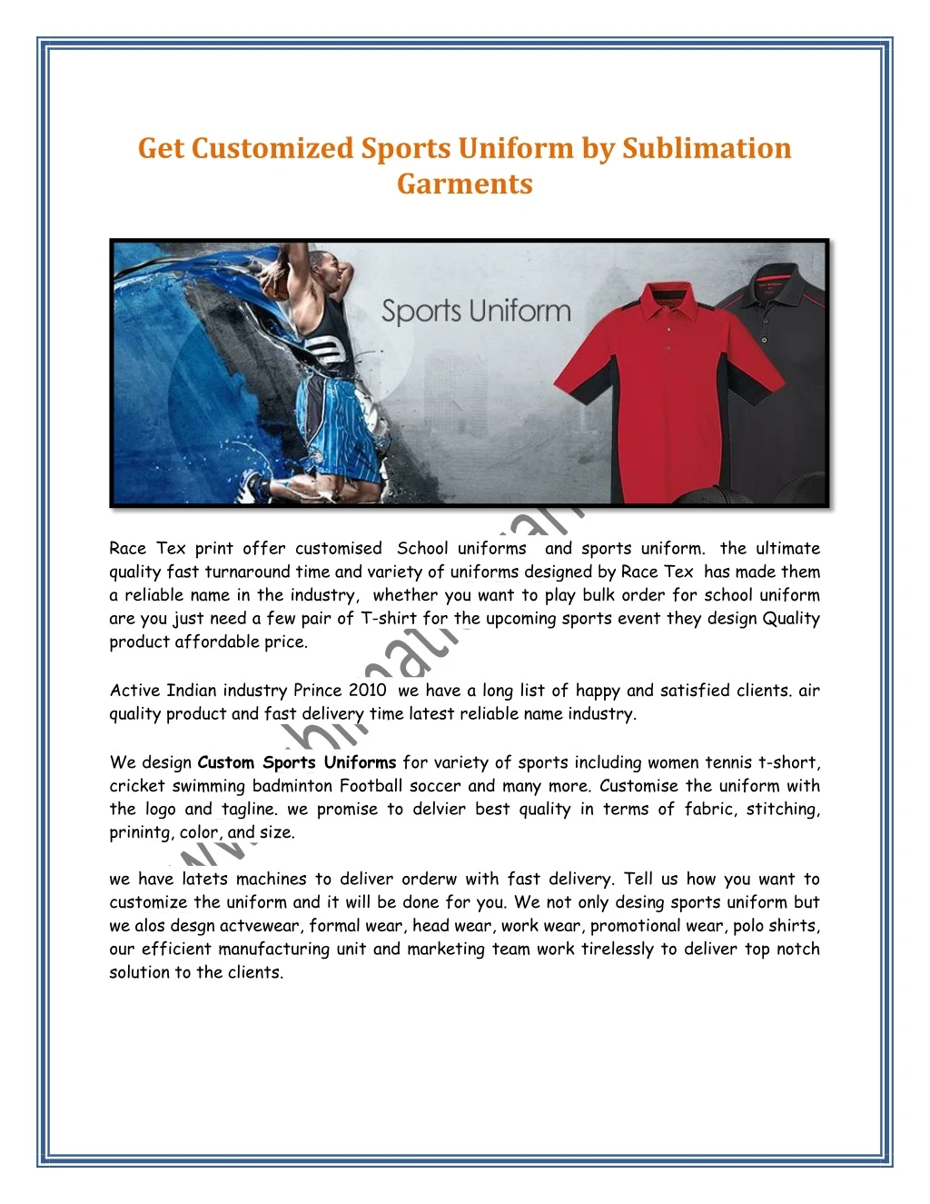 get customized sports uniform by sublimation