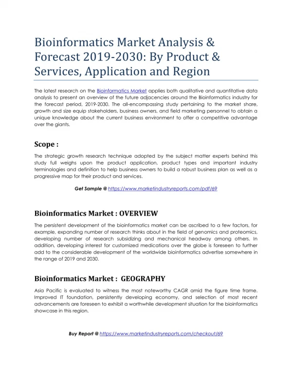 Bioinformatics Market Analysis & Forecast 2019-2030: By Product & Services, Application and Region
