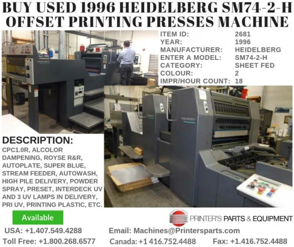 Buy Used 1996 Heidelberg SM74-2-H Offset Printing Presses Machine