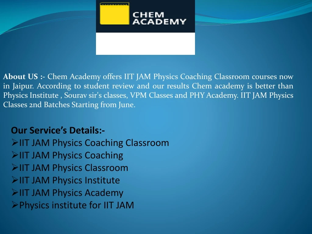 about us chem academy offers iit jam physics