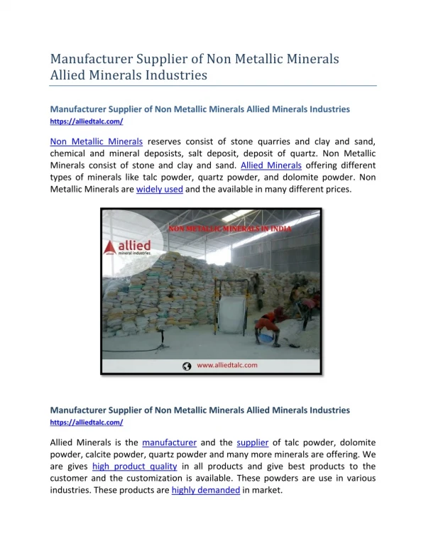 Manufacturer Supplier of Non Metallic Minerals Allied Minerals Industries
