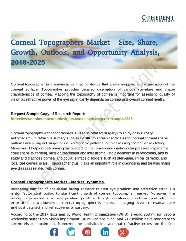 Corneal Topographers Market Research Scope Industry Chain Analysis & Opportunities 2018 to 2026 Corneal Topographers Ma