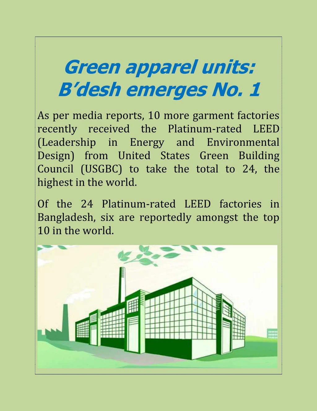 green apparel units b desh emerges no 1