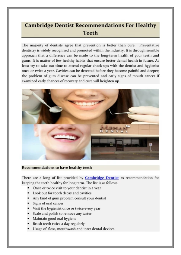 Cambridge Dentist Recommendations For Healthy Teeth