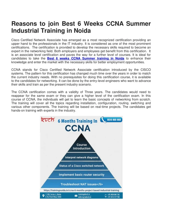 Best 6 weeks CCNA Summer Training in Noida