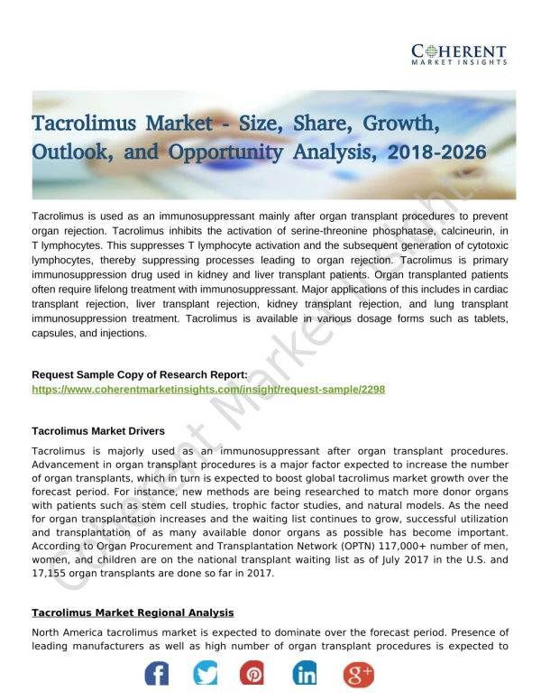 Tacrolimus Market Effect and Growth Factors Research and Projection Till 2026