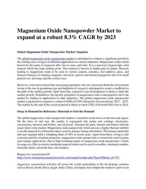 Magnesium Oxide Nanopowder Market to expand at a robust 8.3% CAGR by 2023