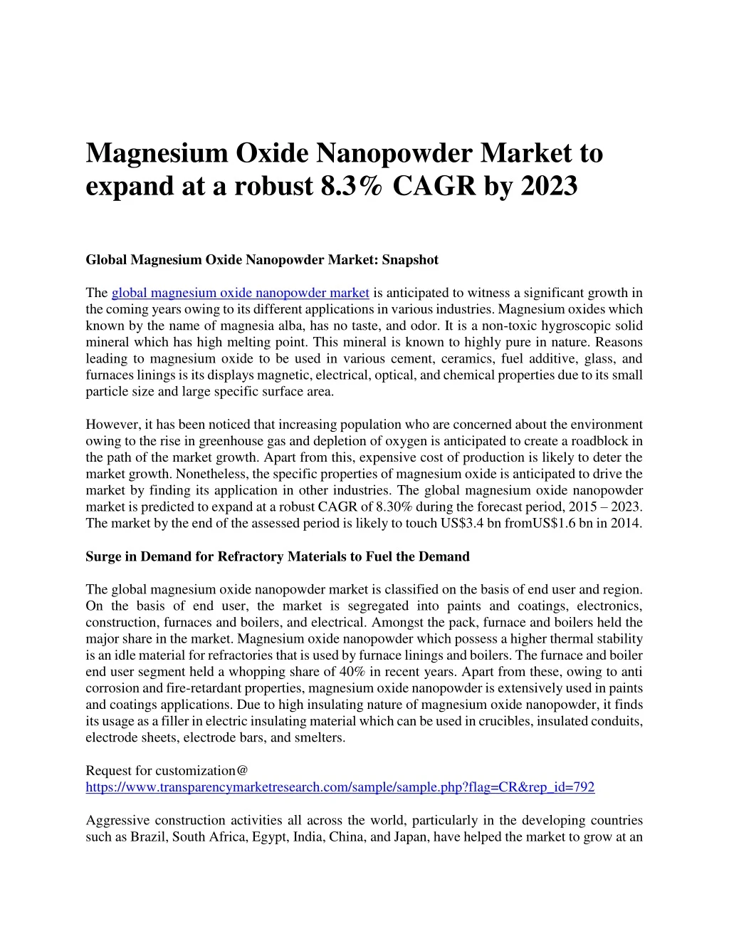 magnesium oxide nanopowder market to expand