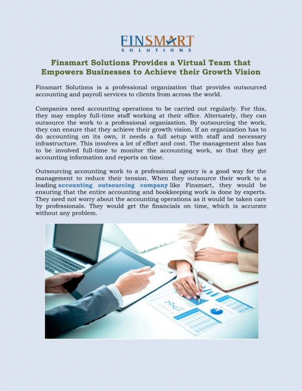 Finsmart Solutions Provides a Virtual Team that Empowers Businesses to Achieve their Growth Vision
