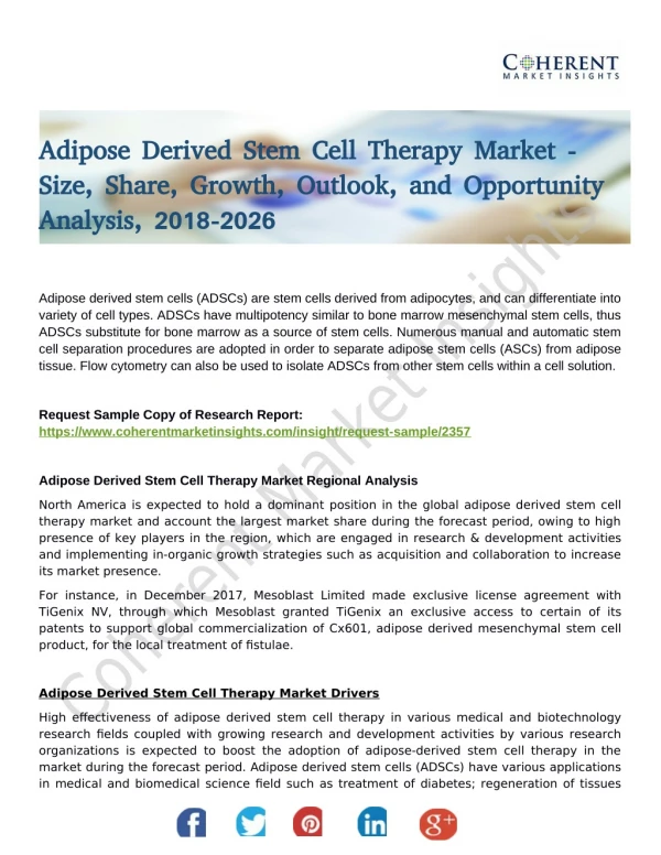 Adipose Derived Stem Cell Therapy Market Key Drivers, On-going Trends and Future Forecast During 2018-2026