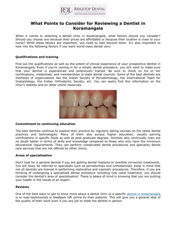 What Points to Consider for Reviewing a Dentist in Koramangala