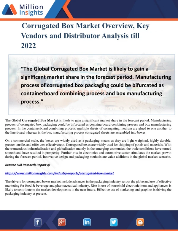 Corrugated Box Market Overview, Key Vendors and Distributor Analysis till 2022