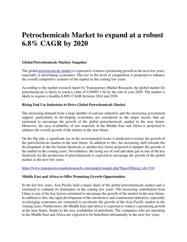 Petrochemicals Market is Expanding at a CAGR of 6.8% by 2020