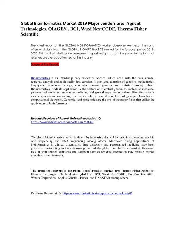 Bioinformatics Market Major Players:- Wuxi Next CODE , Eurofins Scientific , Waters Corporation , ,QIAGEN
