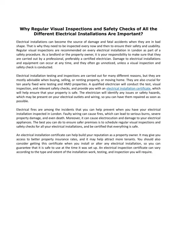 Why Regular Visual Inspections and Safety Checks of All the Different Electrical Installations Are Important?