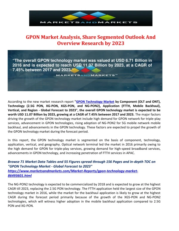 GPON Market Analysis, Share Segmented Outlook And Overview Research by 2023
