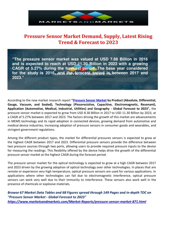 Pressure Sensor Market Demand, Supply, Latest Rising Trend & Forecast to 2023