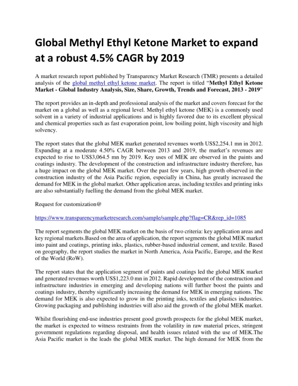 global methyl ethyl ketone market to expand
