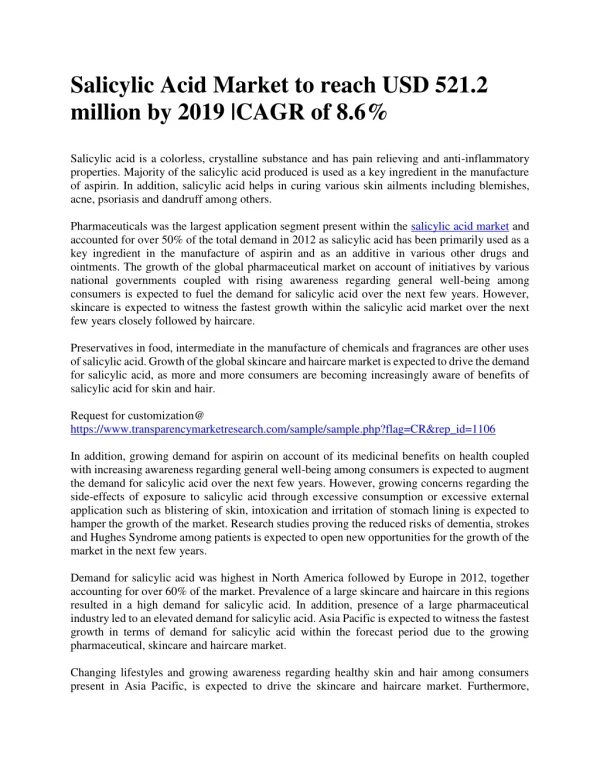 Salicylic Acid Market to reach USD 521.2 million by 2019 |CAGR of 8.6%