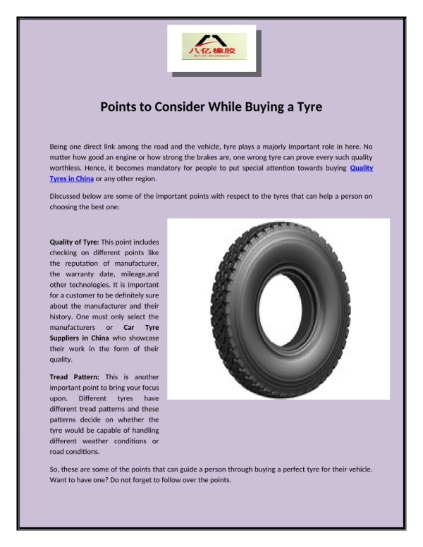 Points to Consider While Buying a Tyre