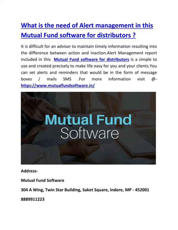 What is the need of Alert management in this Mutual Fund software for distributors ?