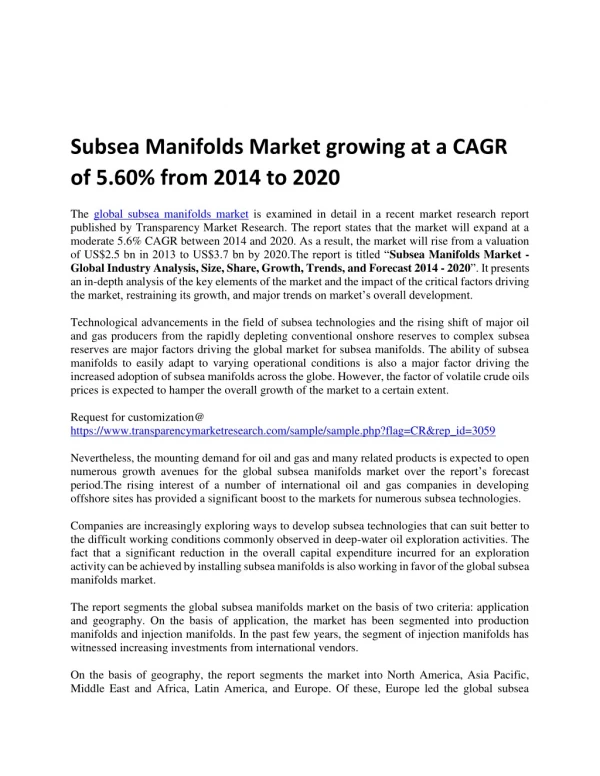 Subsea Manifolds Market growing at a CAGR of 5.60% from 2014 to 2020