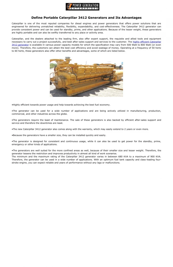 Define Portable Caterpillar 3412 Generators and Its Advantages