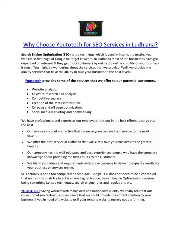 Why Choose Youtotech for SEO Services in Ludhiana?