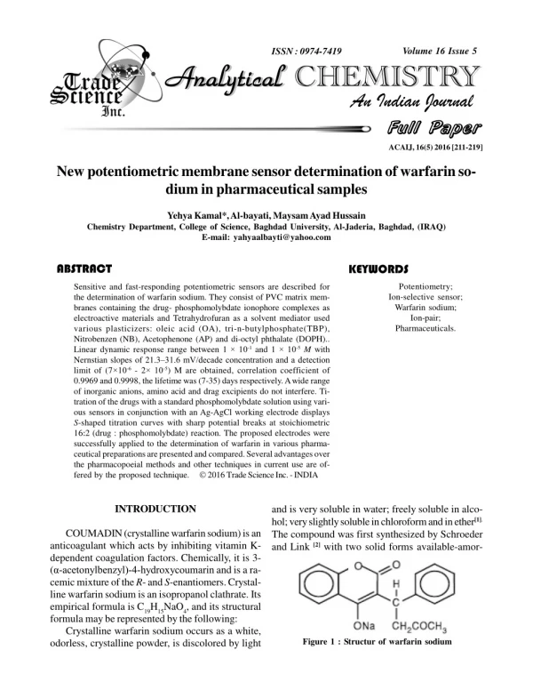 New potentiometric membrane sensor determination of warfarin so- dium in pharmaceuticalsamples