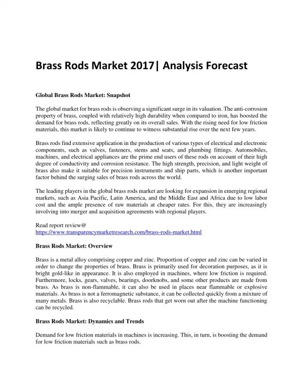 Brass Rods Market 2017| Analysis Forecast