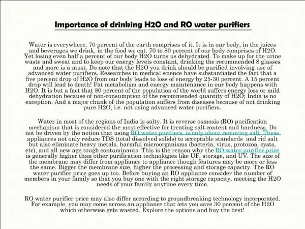 Importance of drinking H2O and RO water purifiers