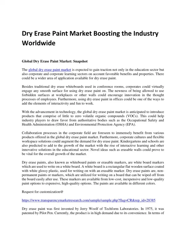 Dry Erase Paint Market Boosting the Industry Worldwide