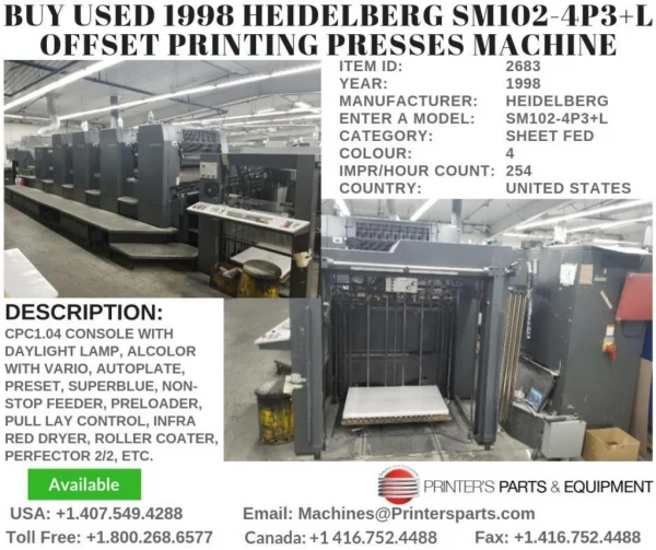 Buy Used 1998 Heidelberg SM102-4P3 L Offset Printing Presses Machine