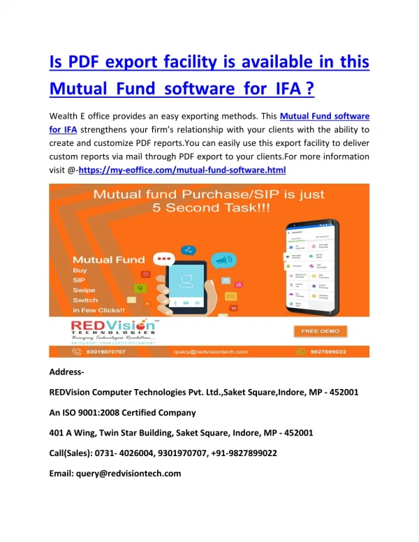 Is PDF export facility is available in this Mutual Fund software for IFA ?